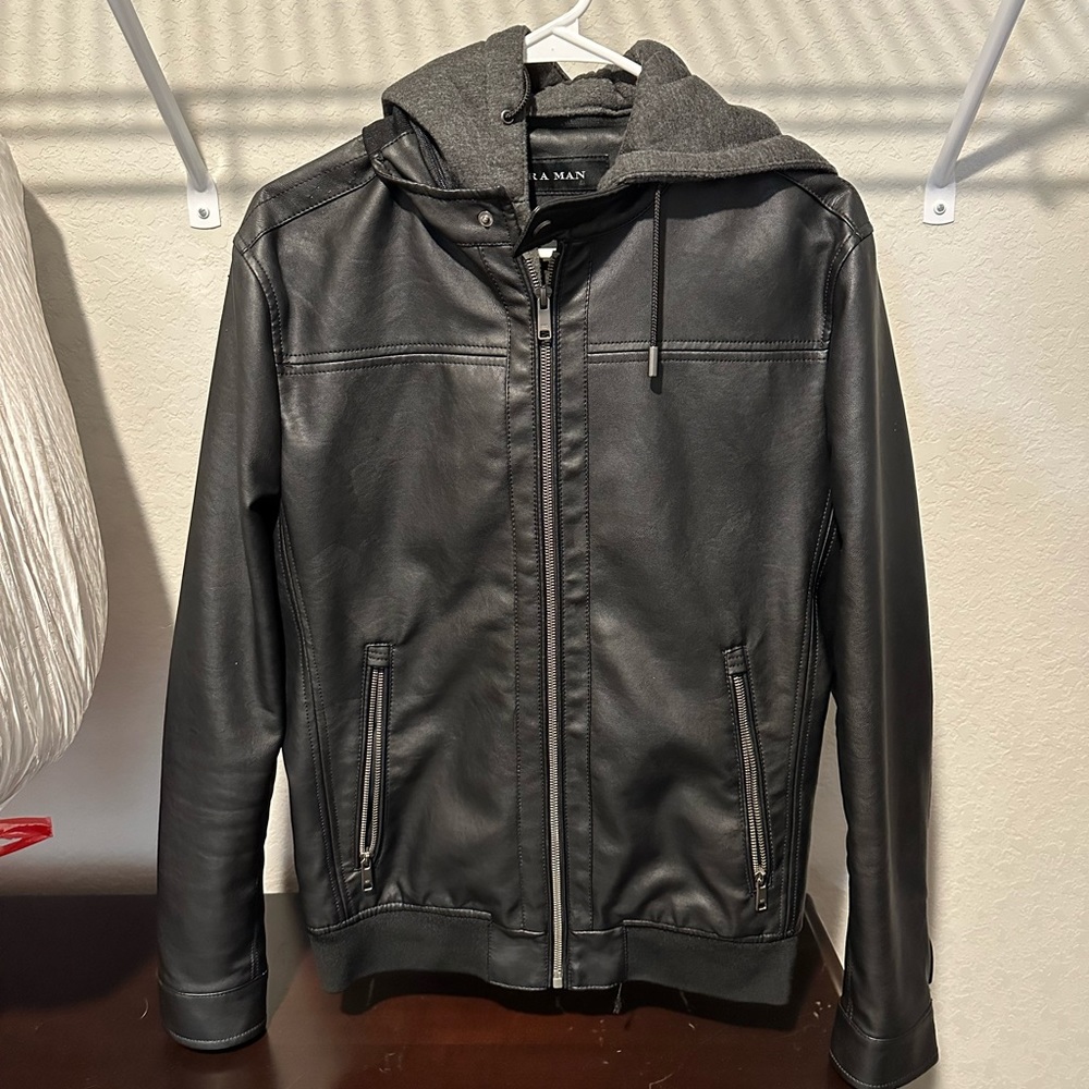 Zara Black leather jacket with removable hood